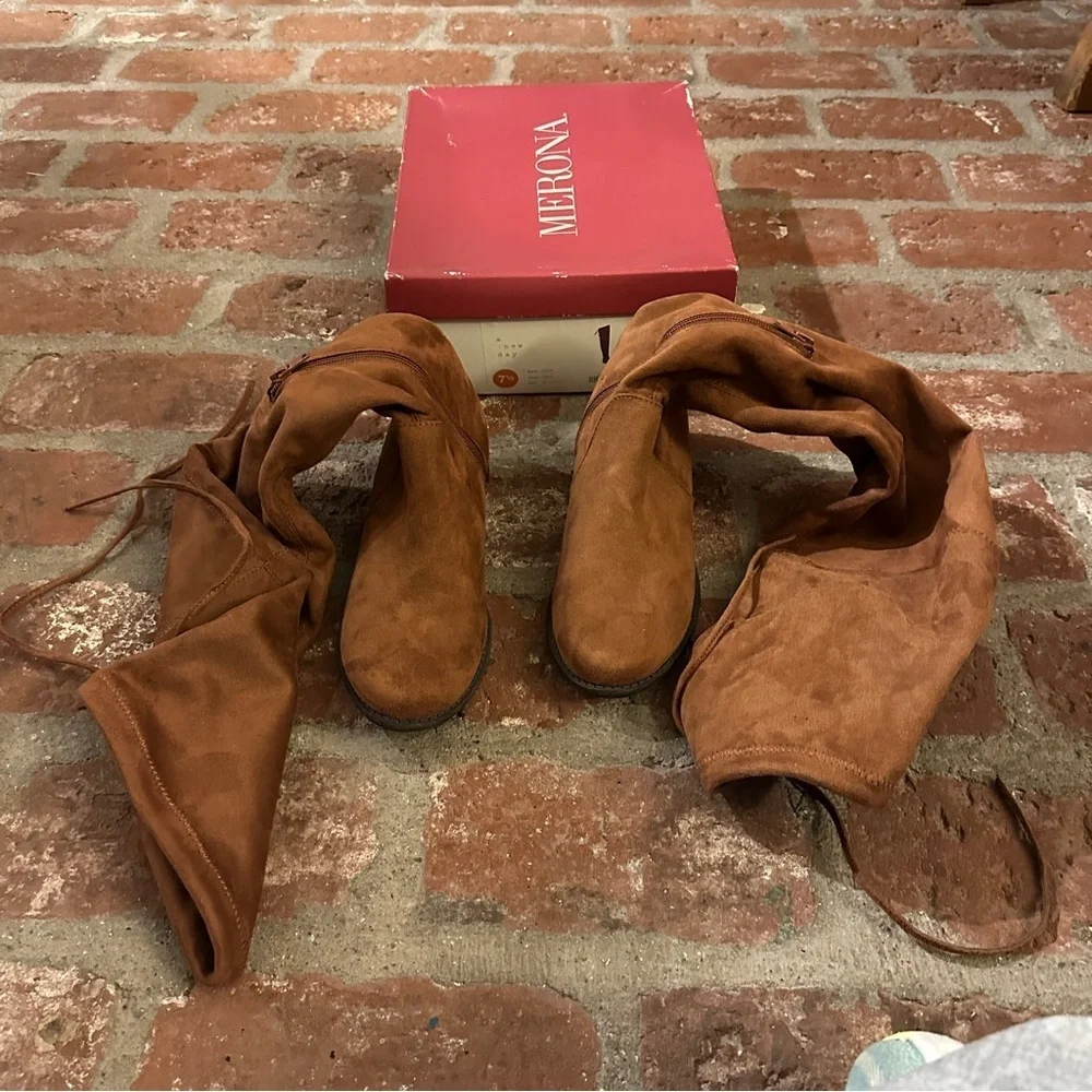 Sidney Chestnut Cognac Over The Knee Faux Suede Boots by A New Day Merona sz 7.5